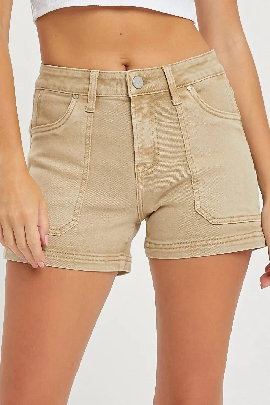 Mid Rise Front Patch Pocket Shorts In Khaki