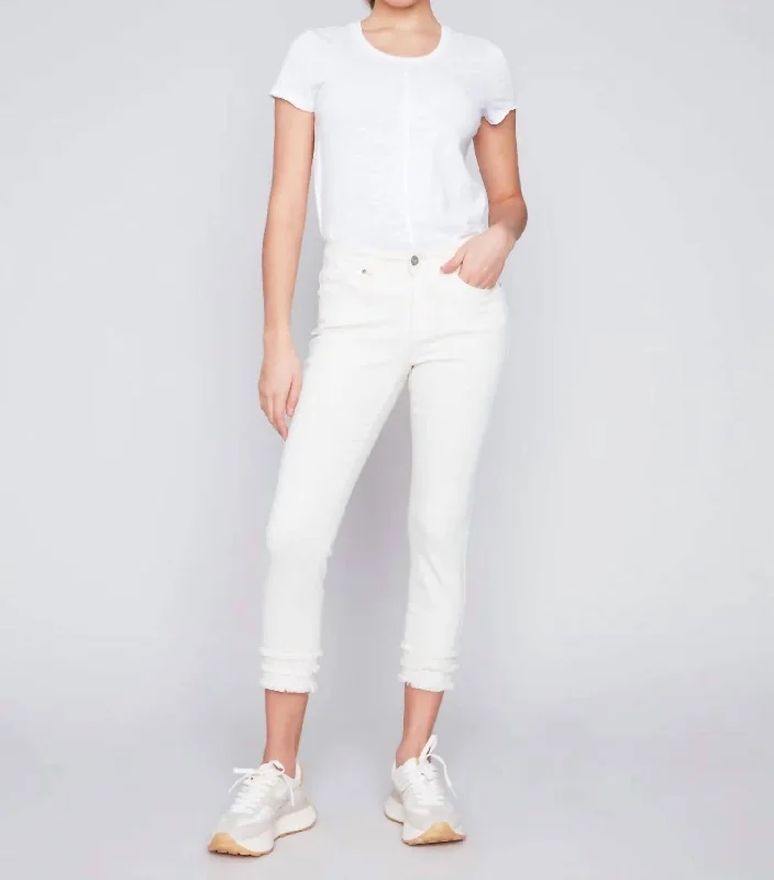 Frayed Hem Cropped Twill Pant In Natural