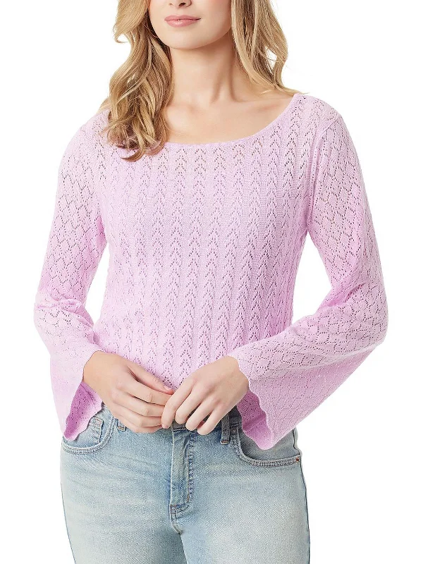 Taytum Womens Pointelle Bell Sleeve Pullover Sweater