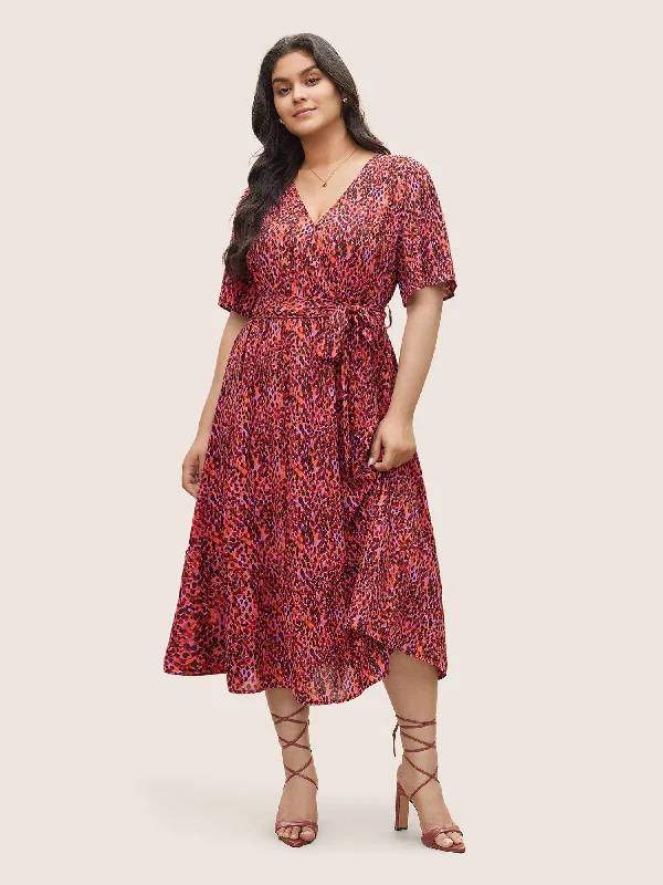 Allover Print Elastic Waist Belted Wrap Dress