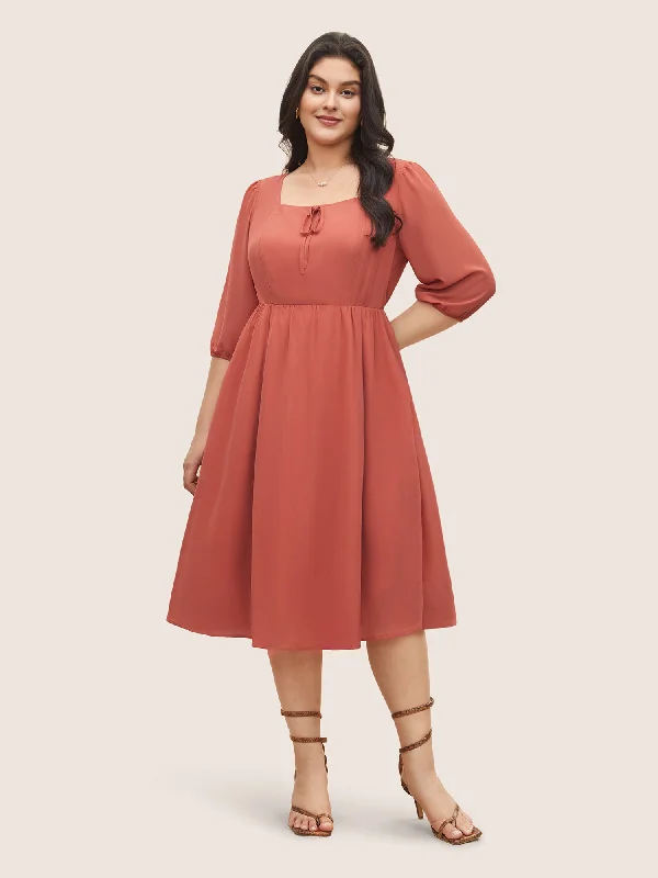 Chiffon Plain Ties Knotted Lantern Sleeve Dress