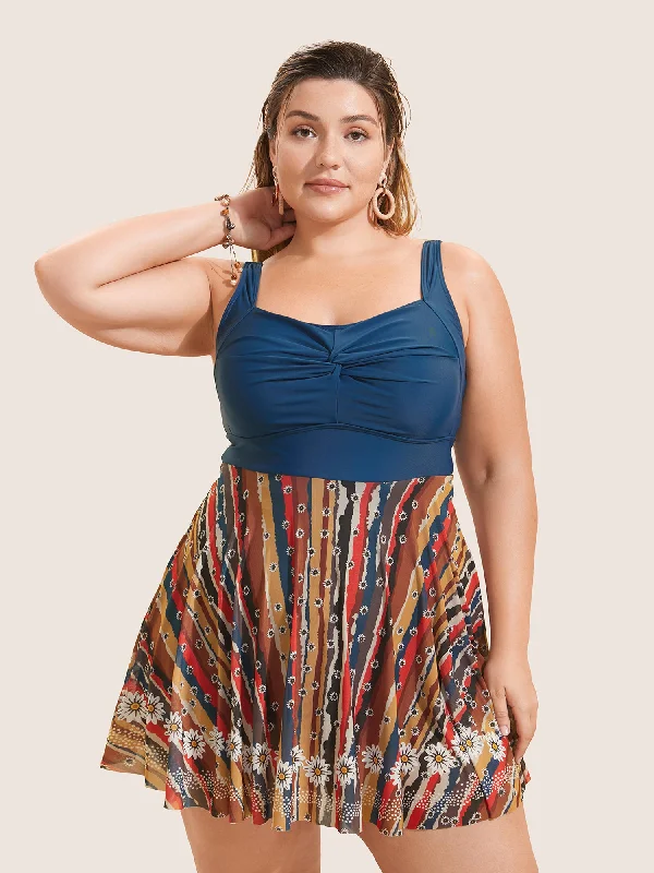 Colored Striped Twist Front Patchwork Swim Dress