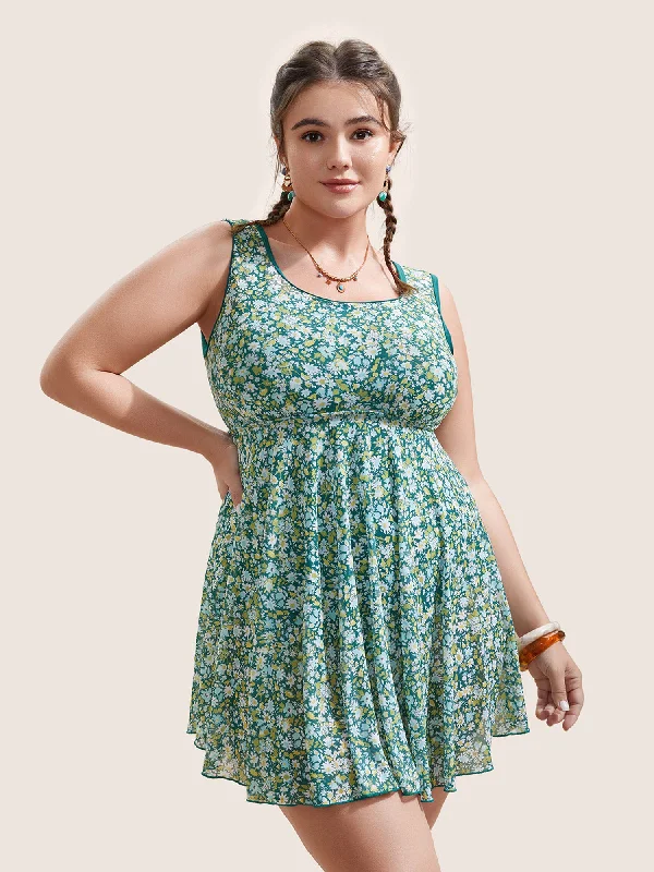 Ditsy Floral Round Neck Cut Out Swim Dress