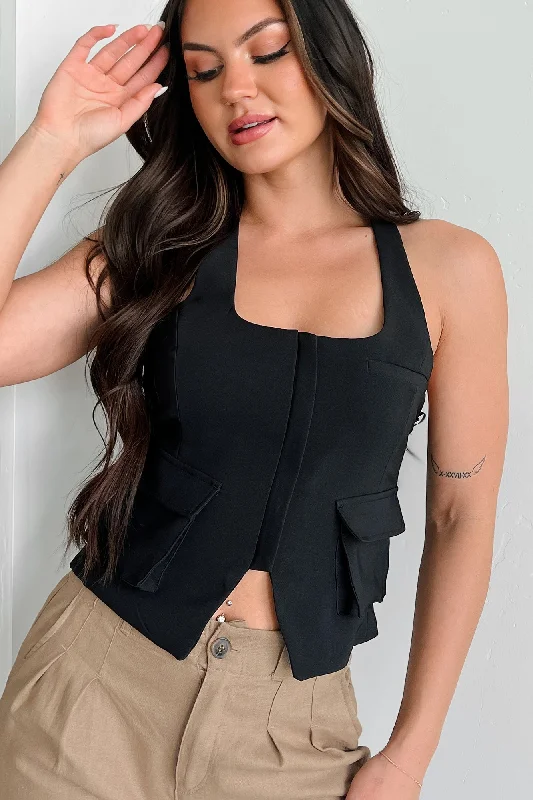 Flattery Won't Work Zip-Front Cargo Halter Vest (Black)