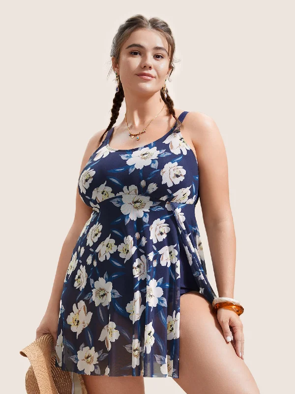 Floral Adjustable Straps Split Hem Swim Dress