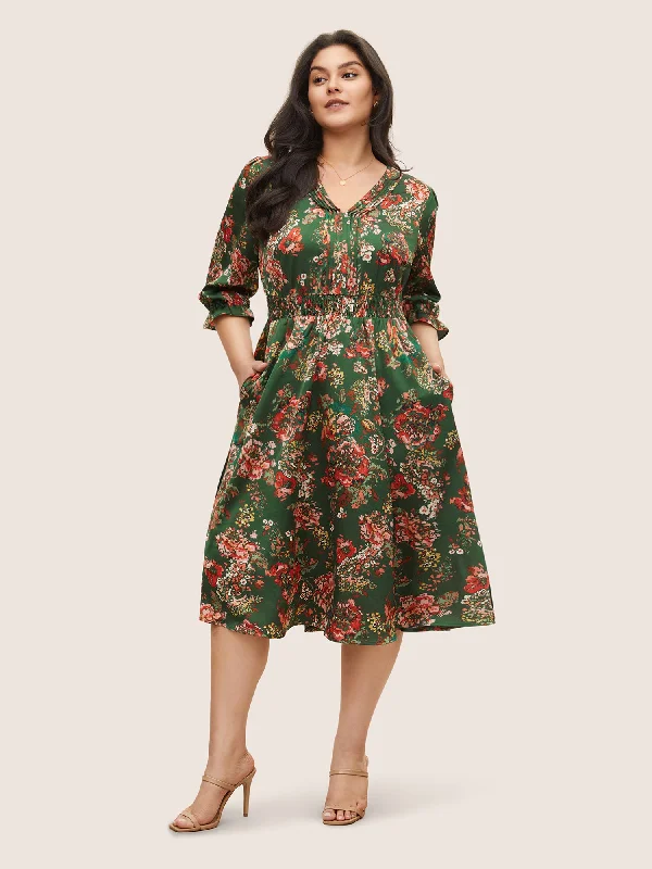 Floral Print Flutter Sleeve Shirred Pleated Dress