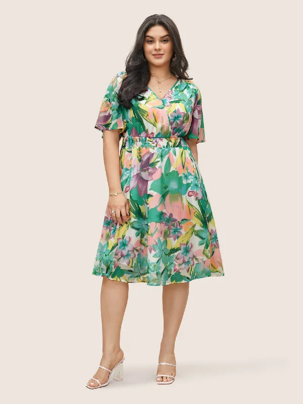 Floral Print Overlap Collar Pocket Shirred Dress