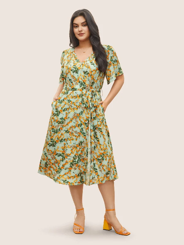 Citrus Fruit Print Belted Flutter Sleeve Wrap Dress