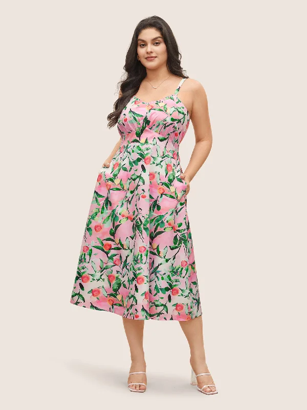 Citrus Fruit Print Frill Trim Pocket Cami Dress