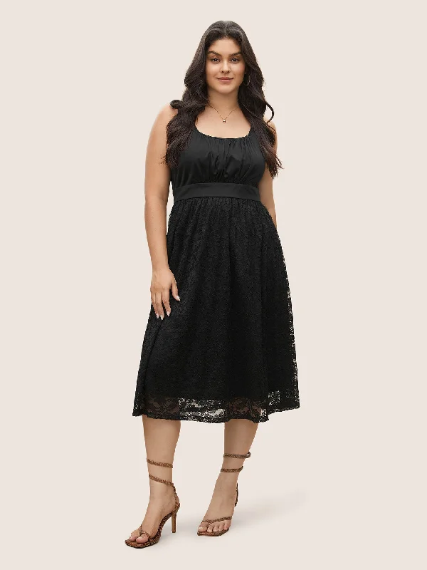 Lace Panel Gathered Front Tank Dress