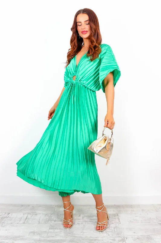 Pleat Me Better - Green Pleated Dip Hem Dress