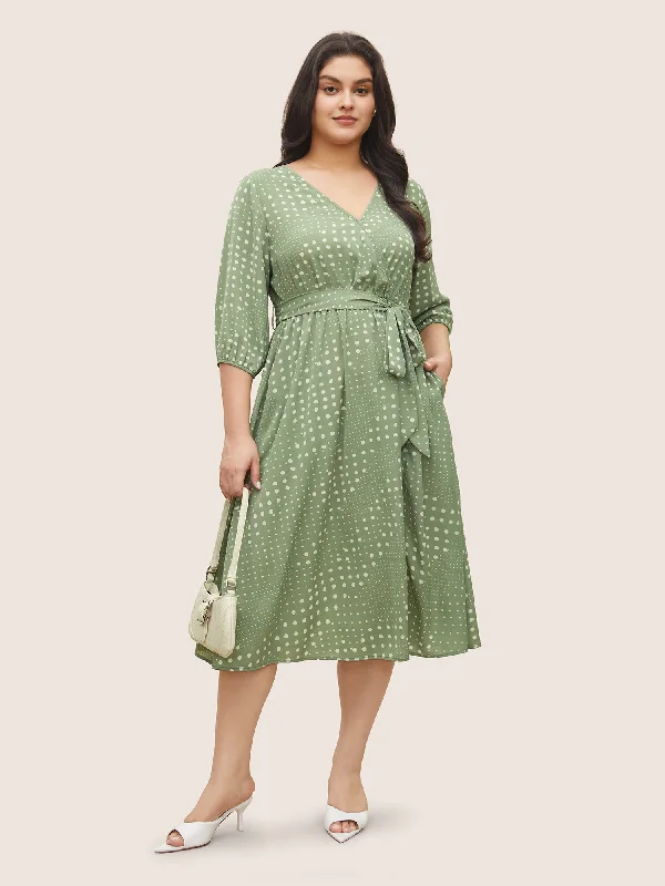 Polka Dot Overlap Collar Belted Lantern Sleeve Dress