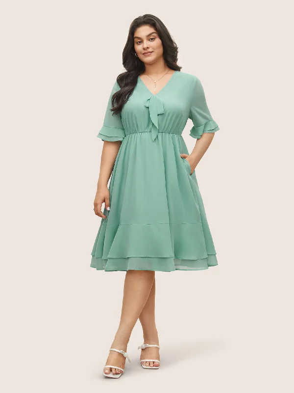 Solid Bowknot Patchwork Tiered Ruffle Sleeve Dress