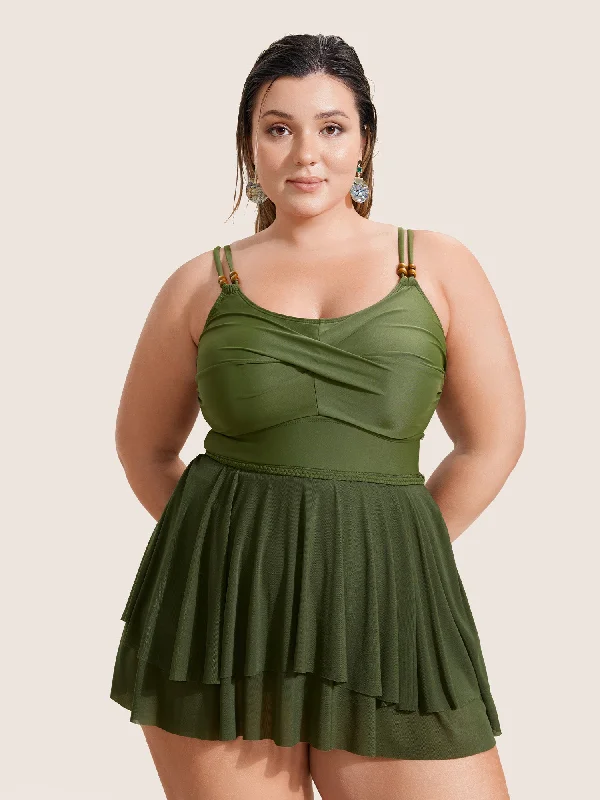 Solid Twist Front Tiered Hem Swim Dress