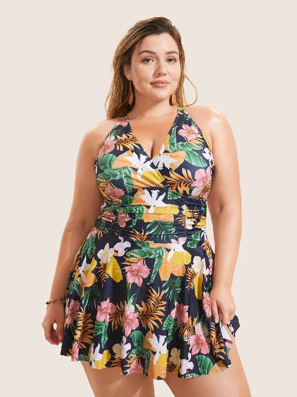 Tropical Adjustable Straps Ruched Swim Dress