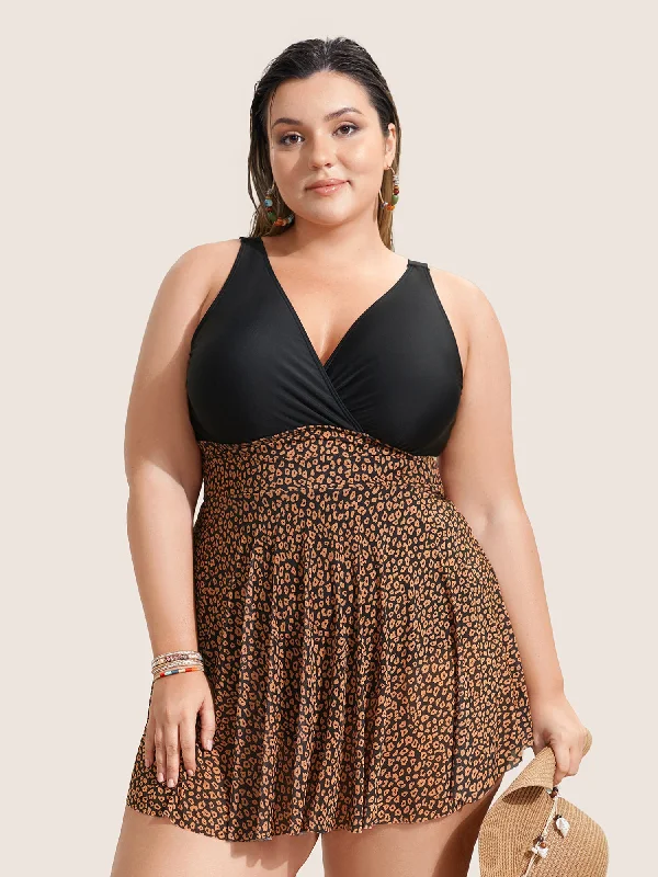 V Neck Leopard Print Patchwork Swim Dress