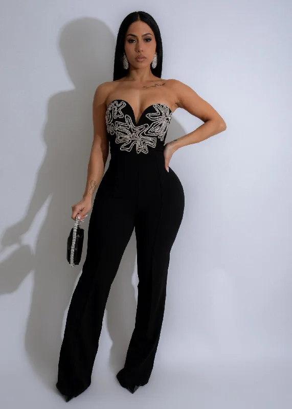 Celestial Bloom Rhinestones Jumpsuit Black