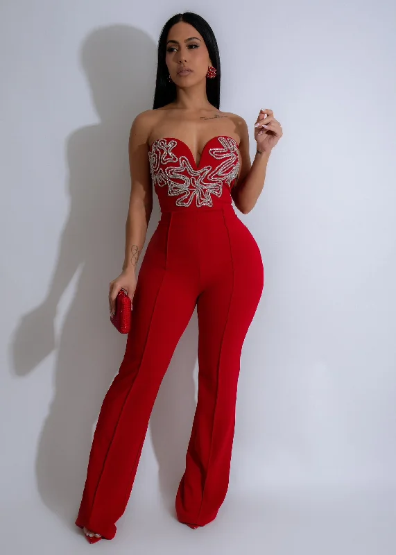 Celestial Bloom Rhinestones Jumpsuit Red