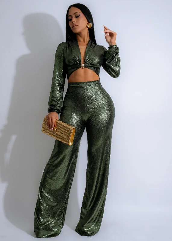 Shine Too Bright Metallic Jumpsuit Green