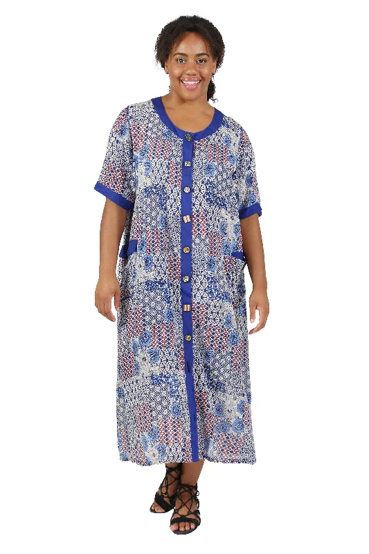 La Cera Blue Patchwork Plus Size Short Sleeve Dress