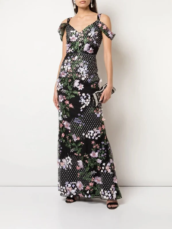 Draped 3D Floral Fit-to-Flare Gown