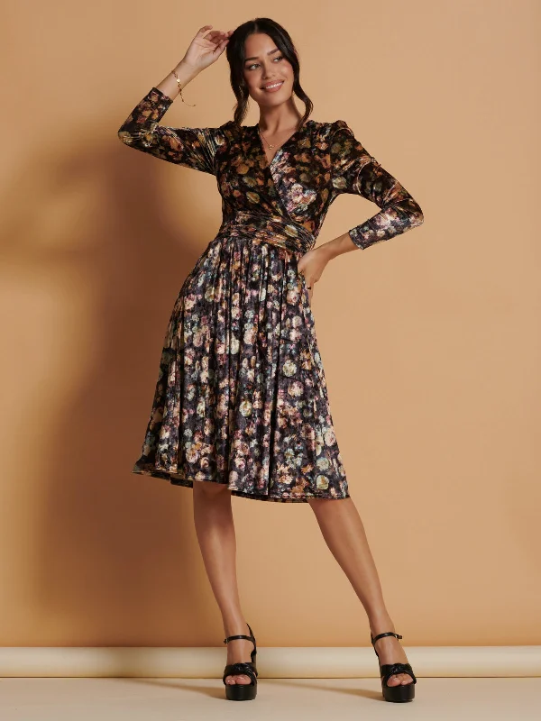 Floral Print Velvet Dress, Black Floral