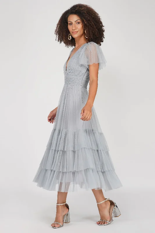 Madison Tulle Midi Dress in Grey