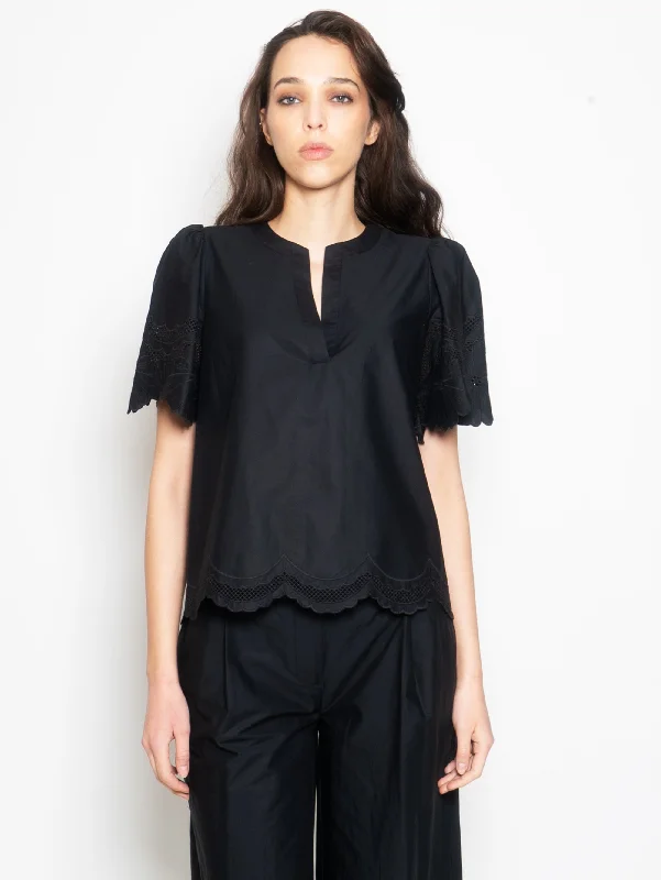 Blusa in Cotone con Profili Sangallo Nero