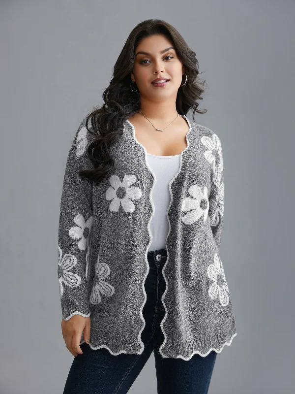 Floral Pattern Open-Front Knitted Cardigan