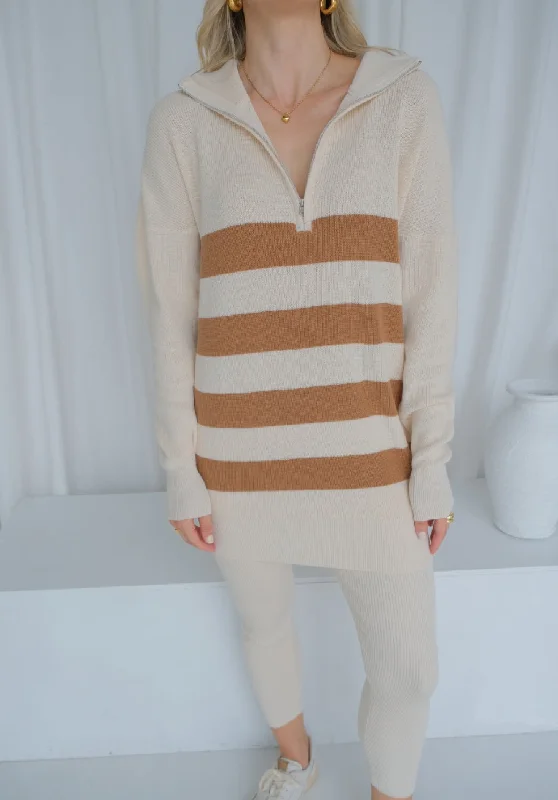 Miann & Co Womens - Maisie Quarter Zip Knitted Jumper - Café au Lait Stripe