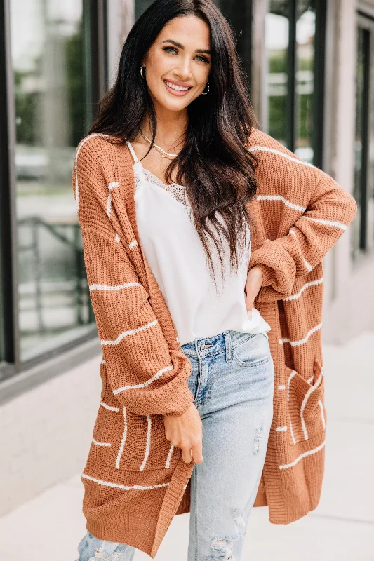 This Is The Answer Camel Brown Striped Cardigan