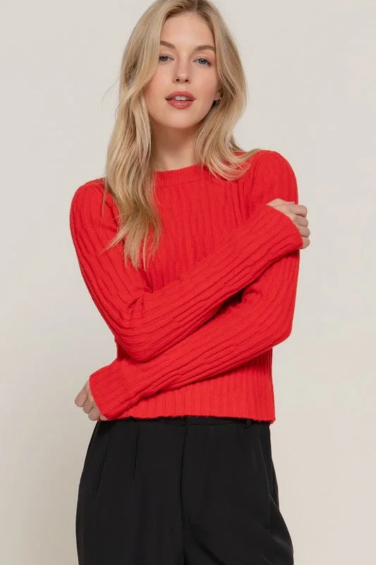 Toni Long Sleeve Ribbed Sweater Top Red