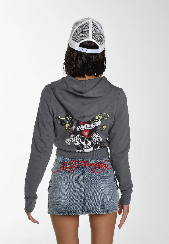 Womens Lks Graphic Cropped Zip Thru Hoodie - Grey